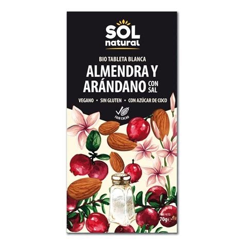 TABLETA CHOCOLATE BLANCO ALMENDRA ARANDANO SOL NATURAL 70 G