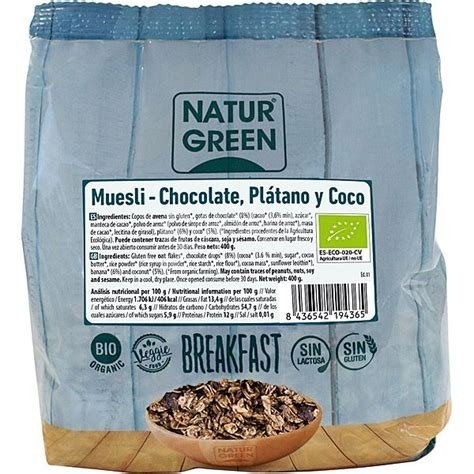 MUESLI CON CHOCOLATE PLATANO Y COCO SIN GLUTEN NATURGREEN