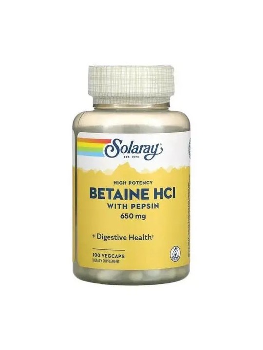 BETAINA HCL PEPSINA 650MG 100 CAPSULAS SOLARAY