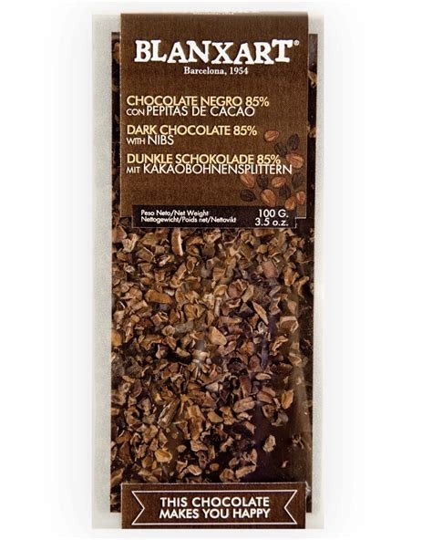 CHOCOLATE NEGRO 85% +NIBS DE CACAO 100G BLANXART