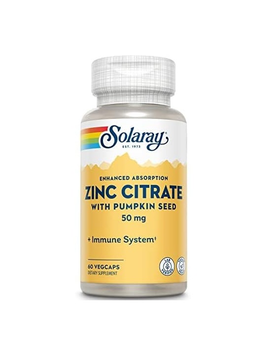 CITRATO DE ZINC CON SEMILLAS DE CALABAZA  50 MG 60 CAPS  SOLARAY